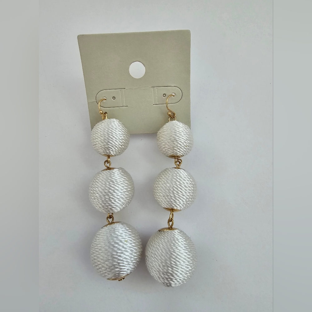 White Satin Thread-Wrapped Triple Ball Drop Earrings – Boho Statement